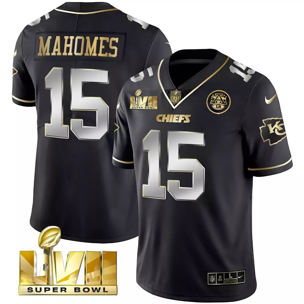 Patrick Mahomes 15 Chiefs Jersey Black Super Bowl Lvii Men Player Gold Silver Vapor