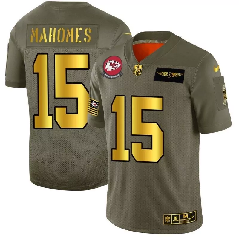Patrick Mahomes 15 Jersey Olive Green Salute To Service Kansas City Chiefs American Flag 2023