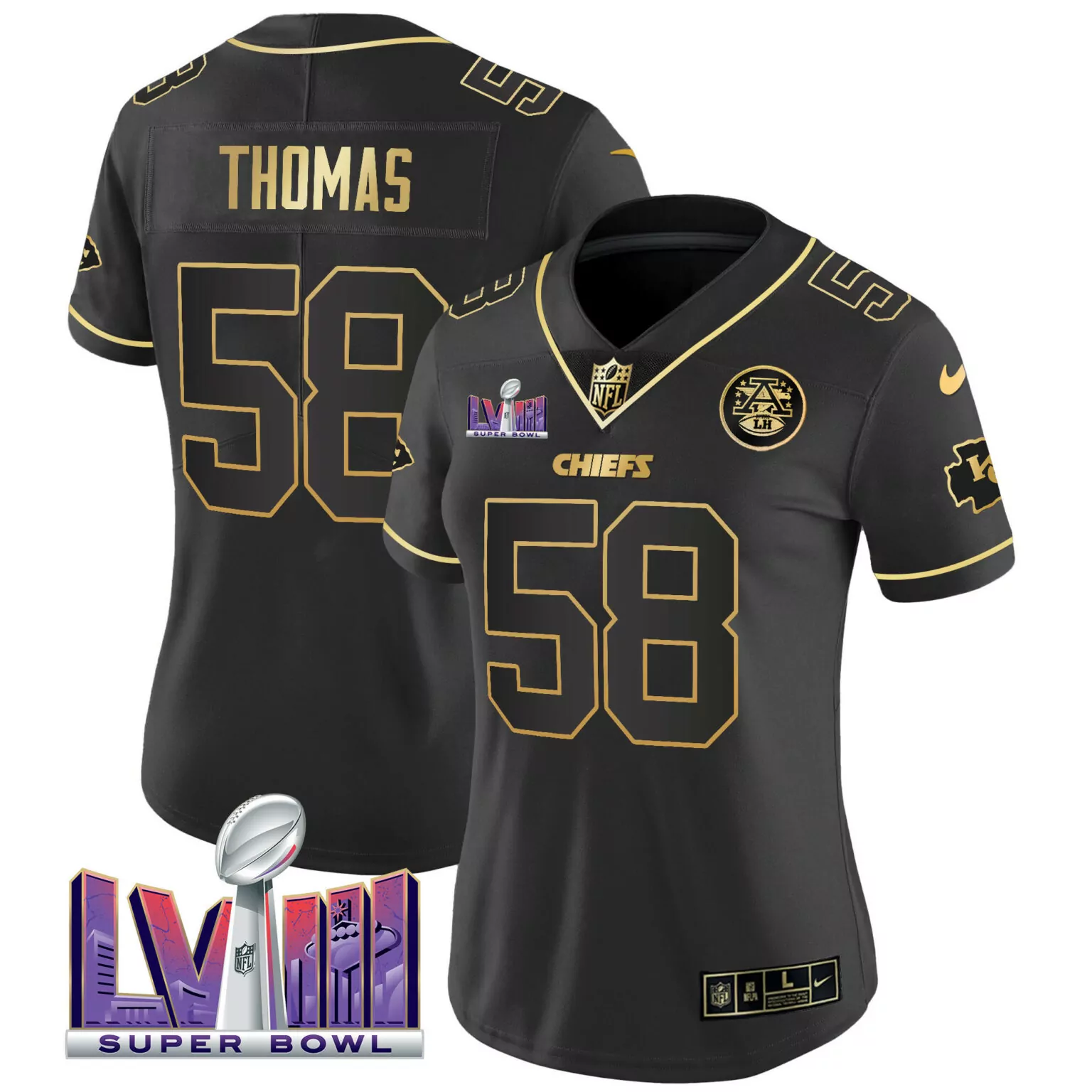 Derrick Thomas 58 Chiefs Jersey Black Super Bowl Lviii Men NFL Gold v4 All Stitched