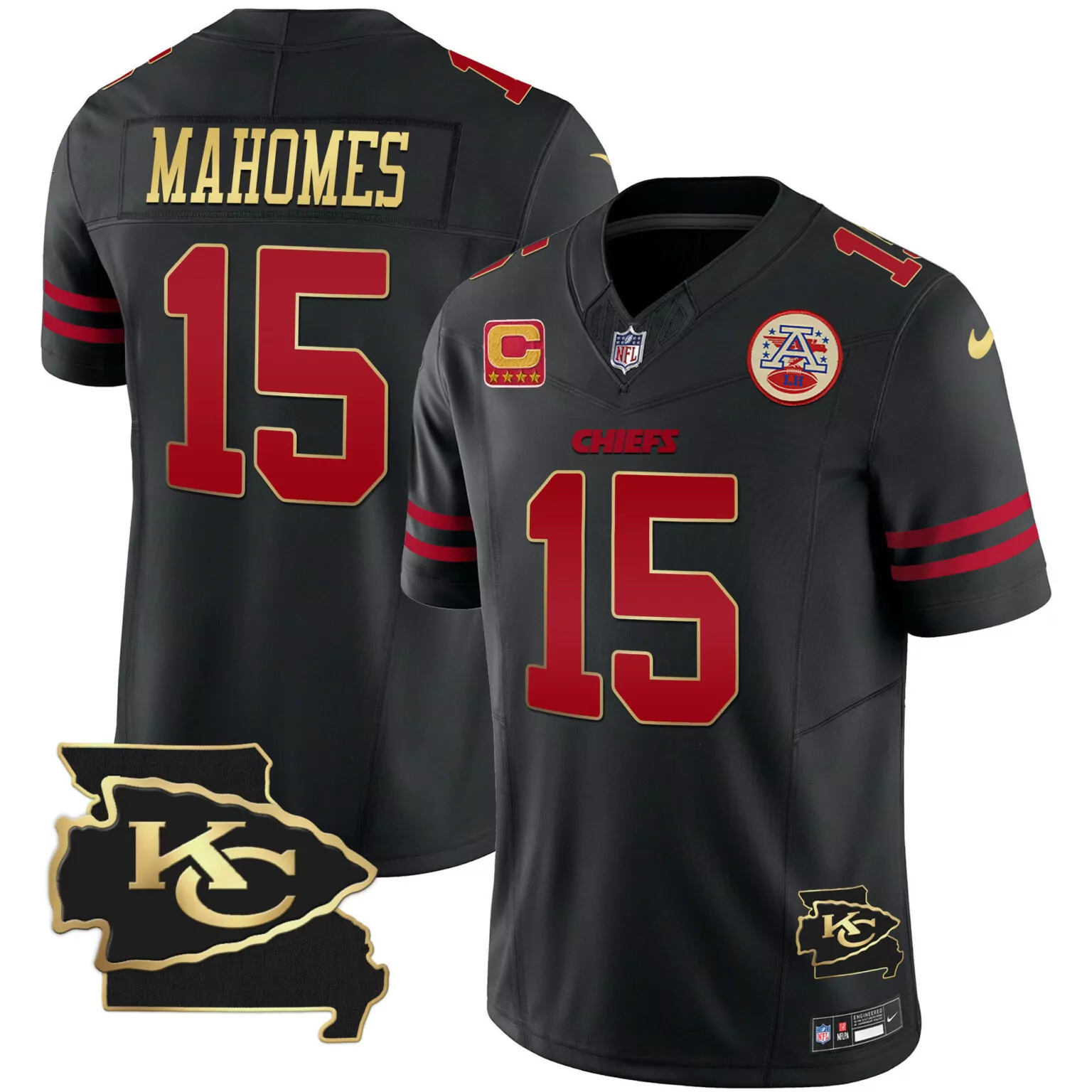 Patrick Mahomes 15 Chiefs Jersey Black NFL 100th Season AFC Kansas City Outline 2023