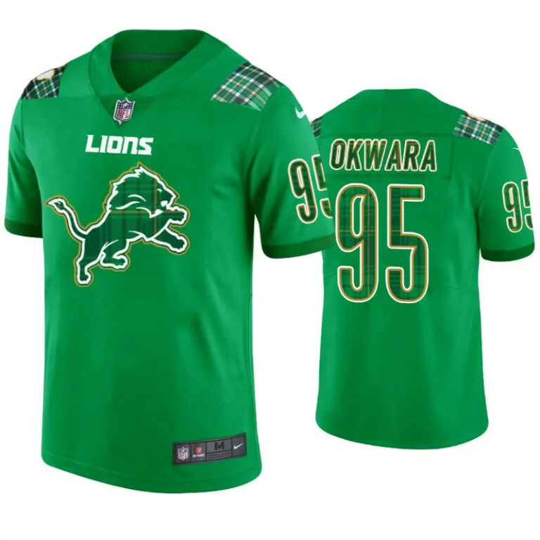 Julian Okwara 95 Lions Jersey Green Men White Gold Plaid