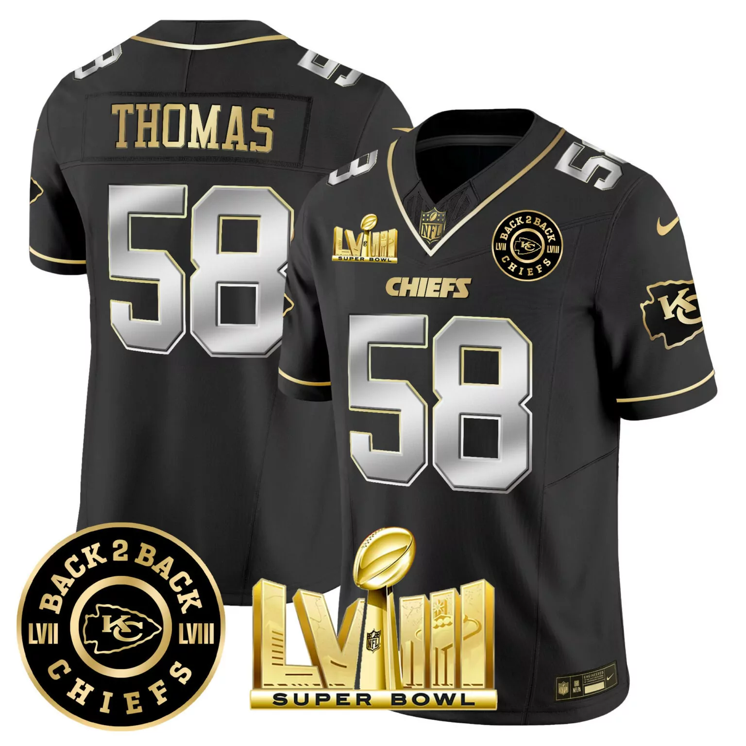 Derrick Thomas 58 Chiefs Jersey Black Super Bowl Lviii Champions 2023 Men Gold Silver