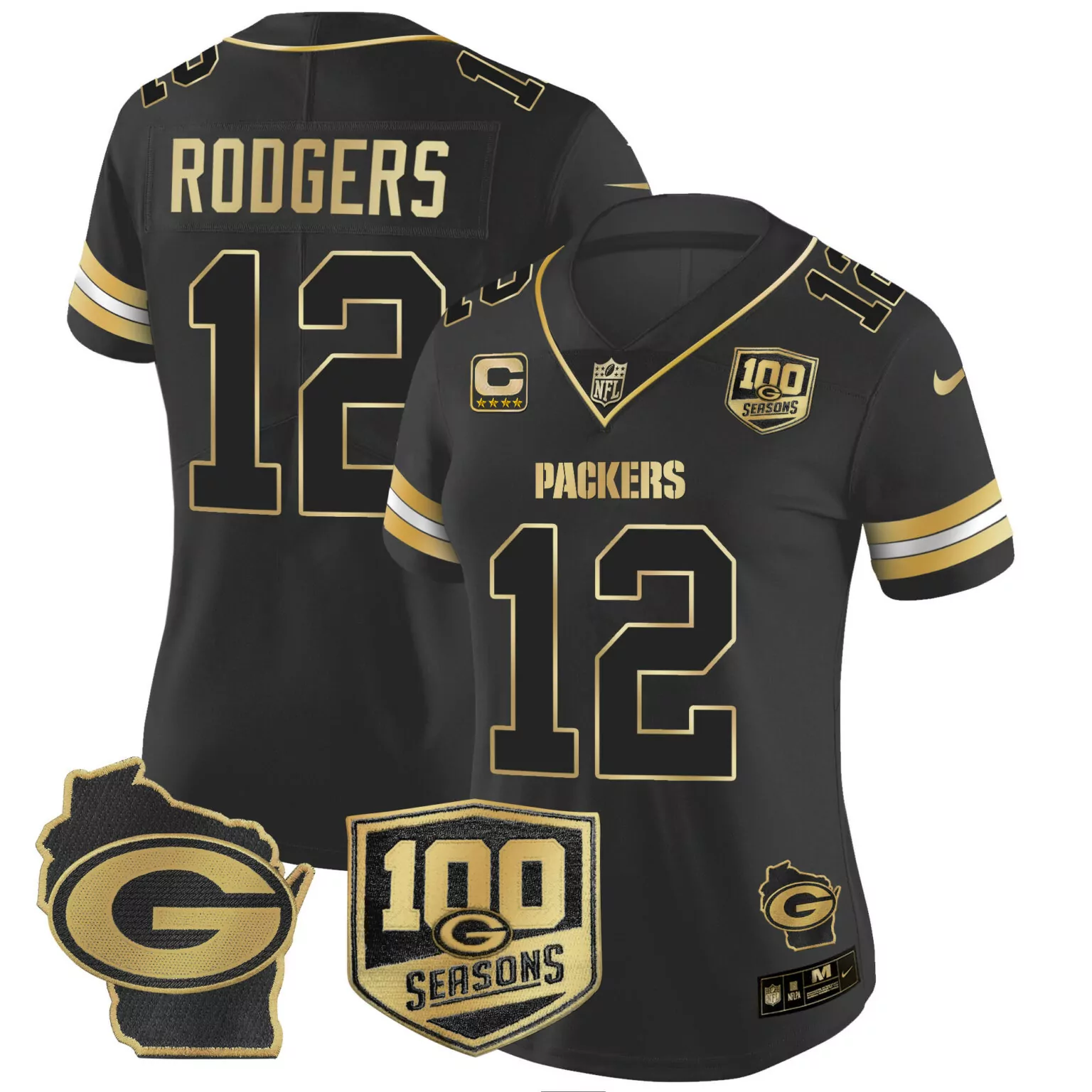 Aaron Rodgers 12 Packers Jersey Black 100th Season 100 Seasons Wisconsin Men Gold