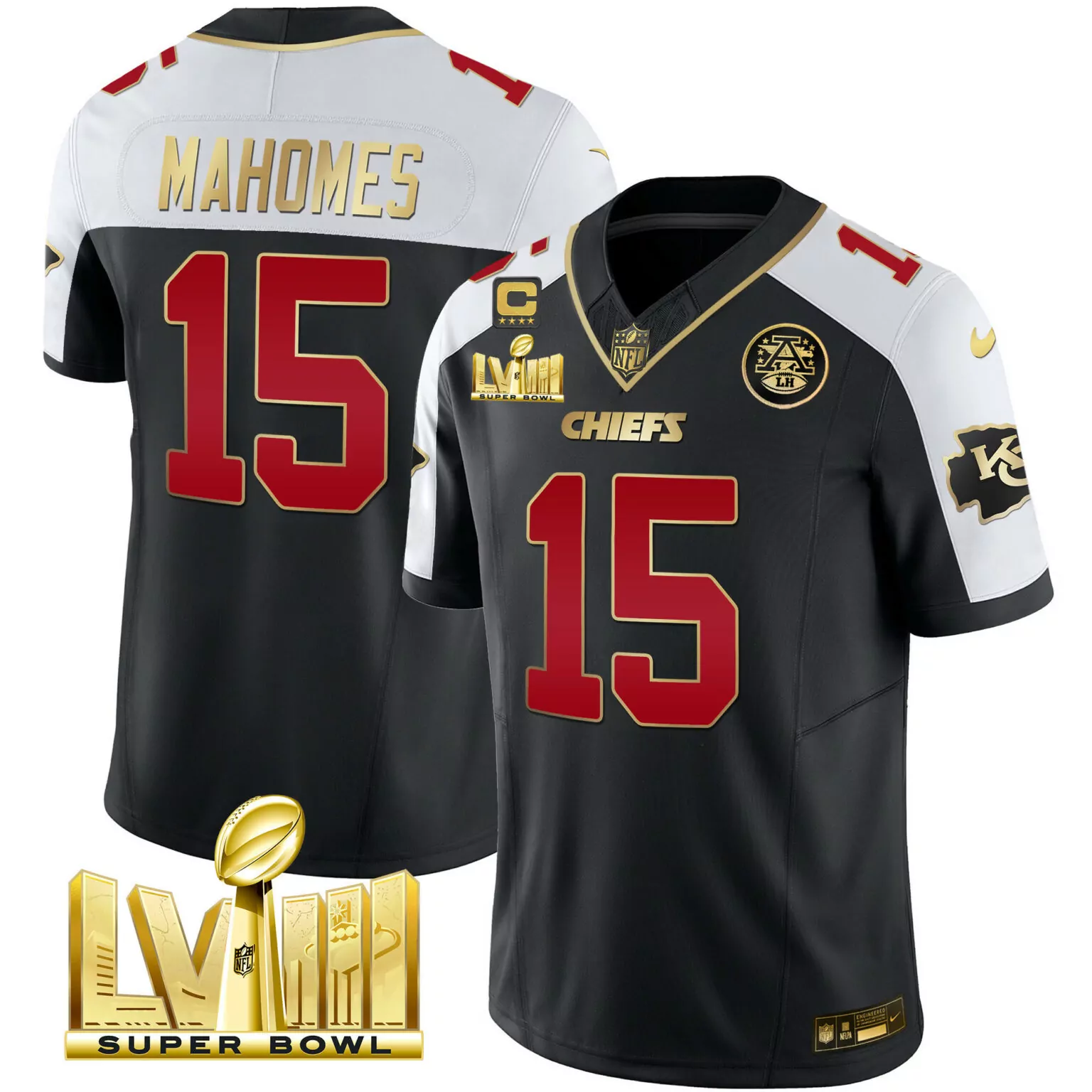 Patrick Mahomes 15 Chiefs Jersey Black Super Bowl Lvii AFC Men Player White Red Gold