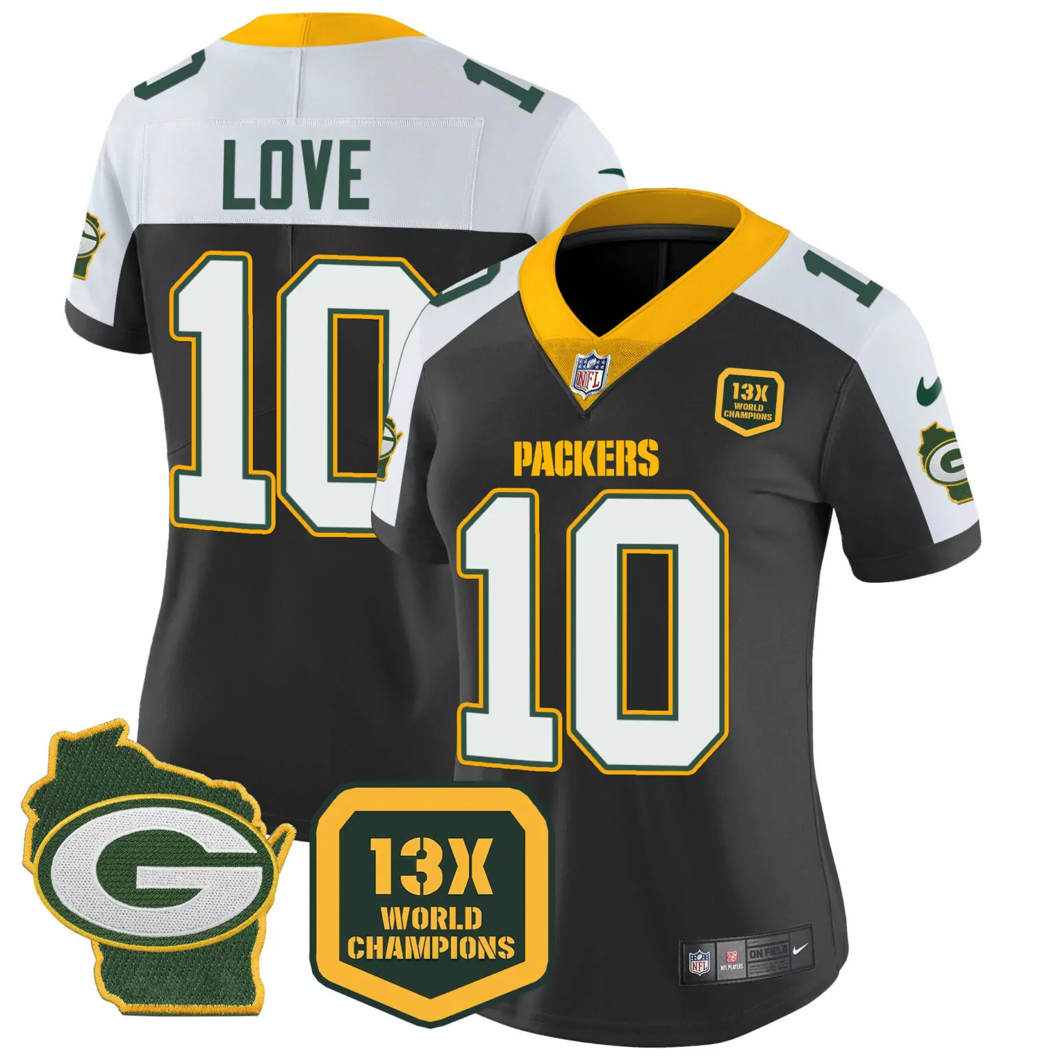 Love 10 Packers Jersey Black 13x World Champions Badge Women Replica Split Design