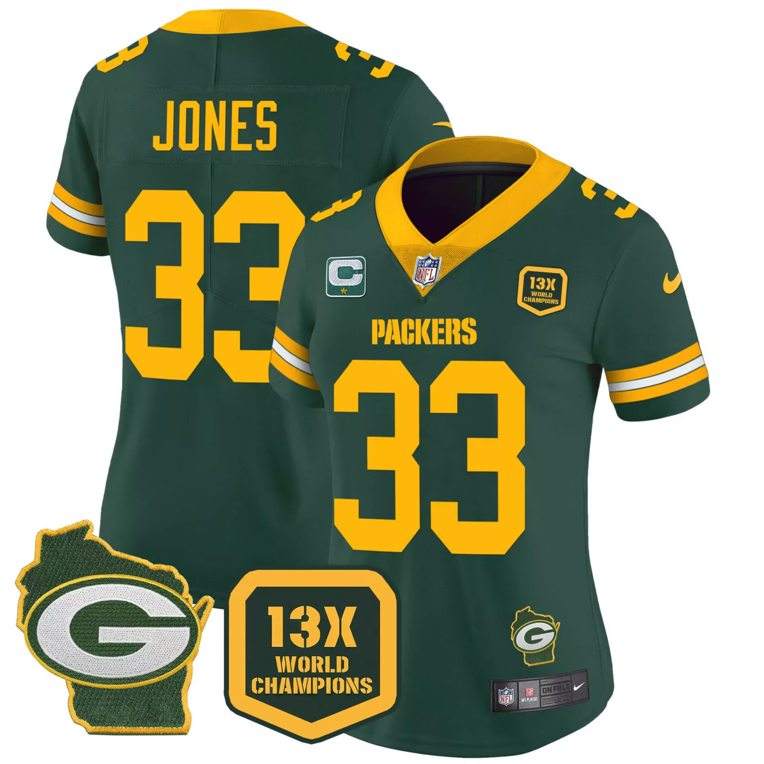 Aaron Jones 33 Packers Jersey Green 13x World Champions Badge Wisconsin State Men