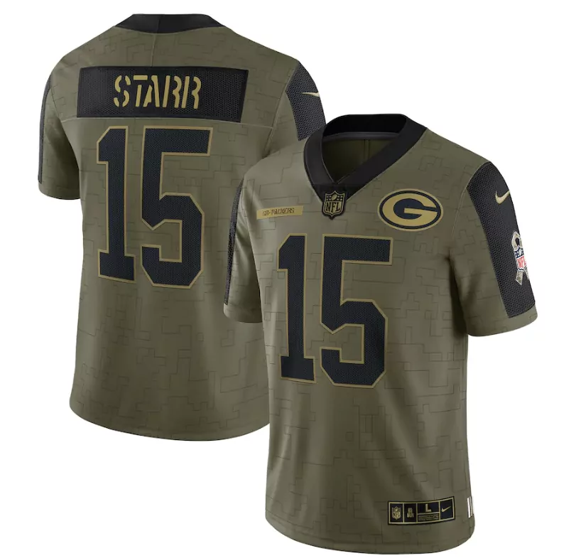 Bart Starr 15 Green Bay Packers Jersey Olive Salute To Service Men Game Custom Design