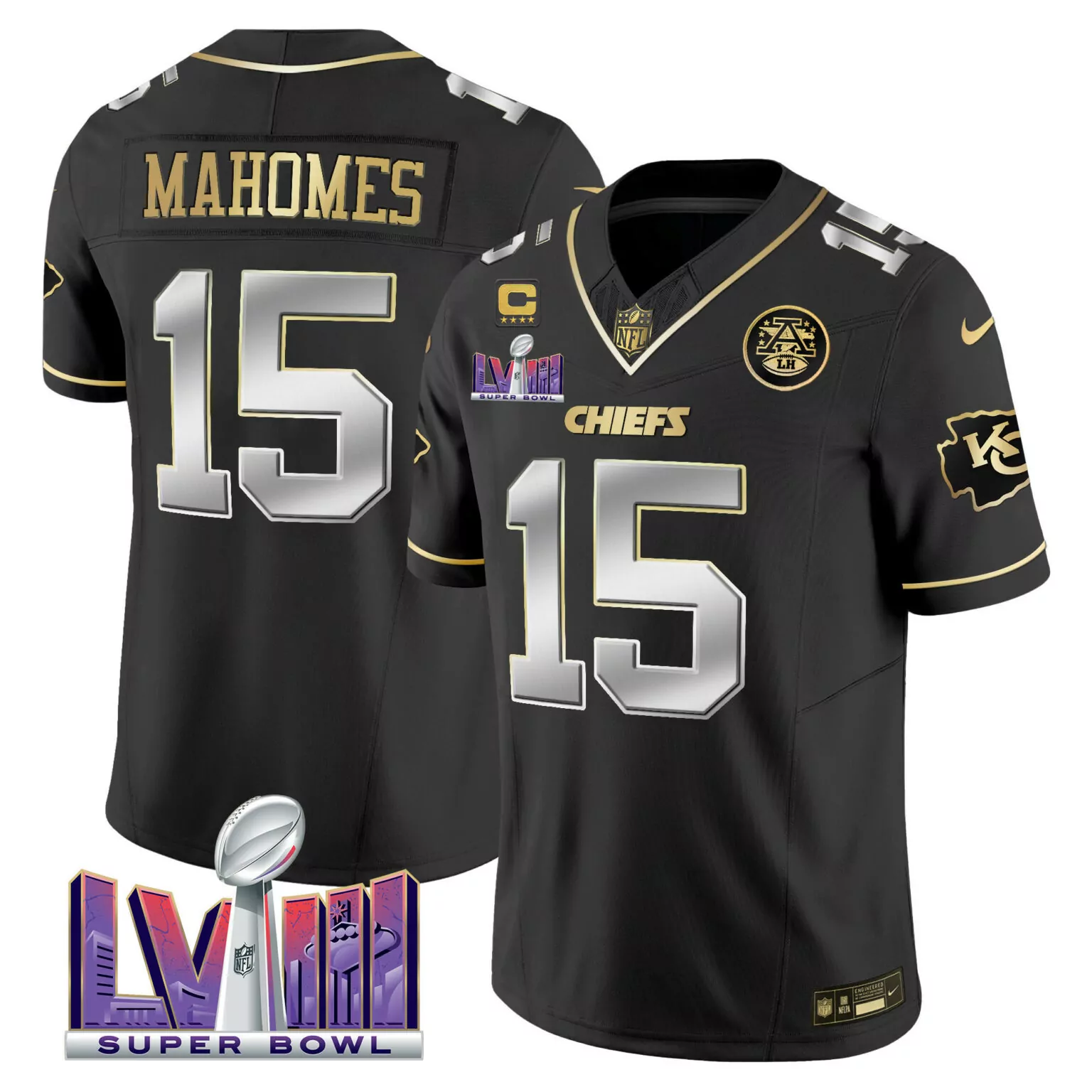 Patrick Mahomes 15 Chiefs Jersey Black Super Bowl Lviii AFC Championship Men Player