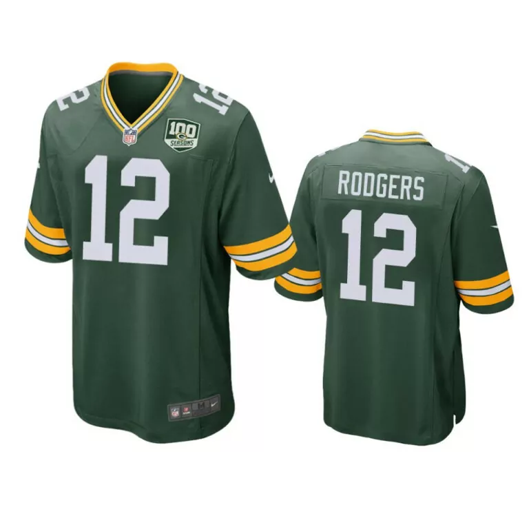 Aaron Rodgers 12 Jersey Green Bay Packers 100 Seasons Men White Yellow Game