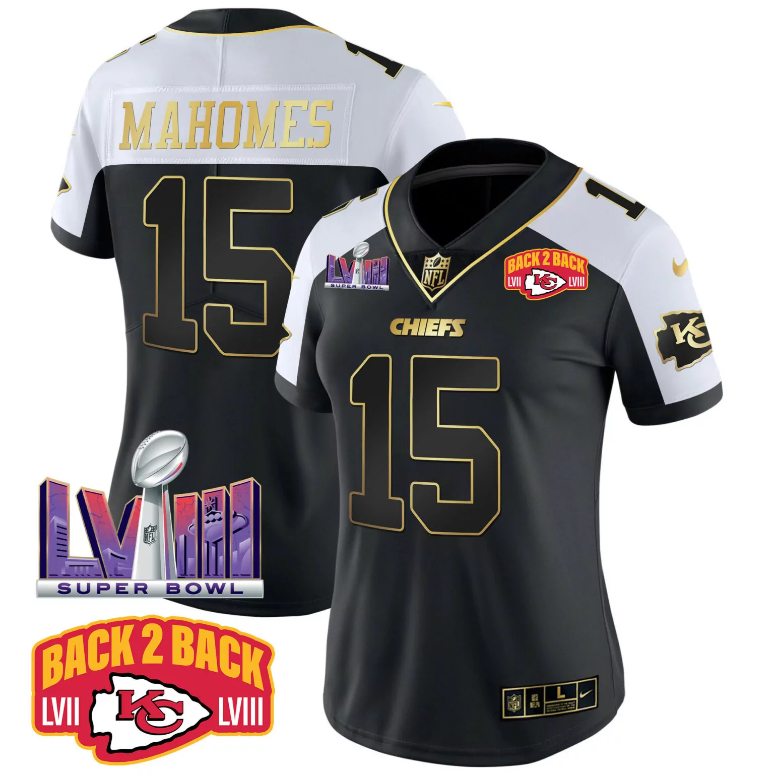 Patrick Mahomes 15 Chiefs Jersey Black Super Bowl Lviii Champions 2023 Men Player