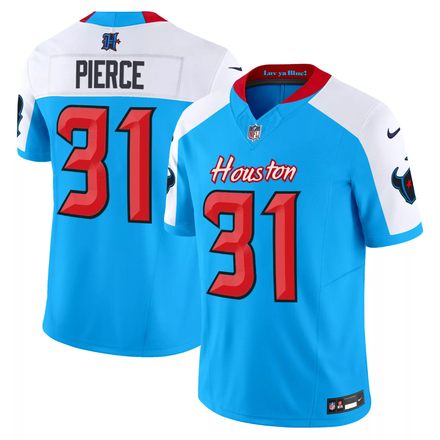 Dameon Pierce 31 Houston Texans Jersey Light Blue Luv Ya Men Alternate Split Design