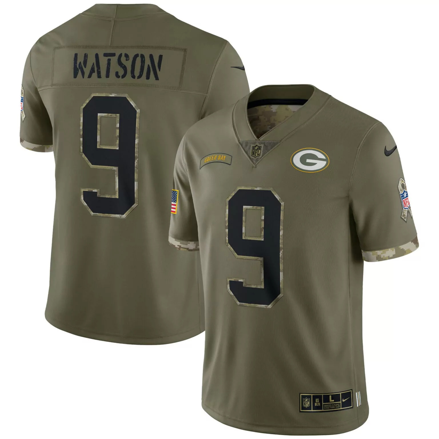 Christian Watson 9 Jersey Olive Green Salute To Service Bay Packers American Flag