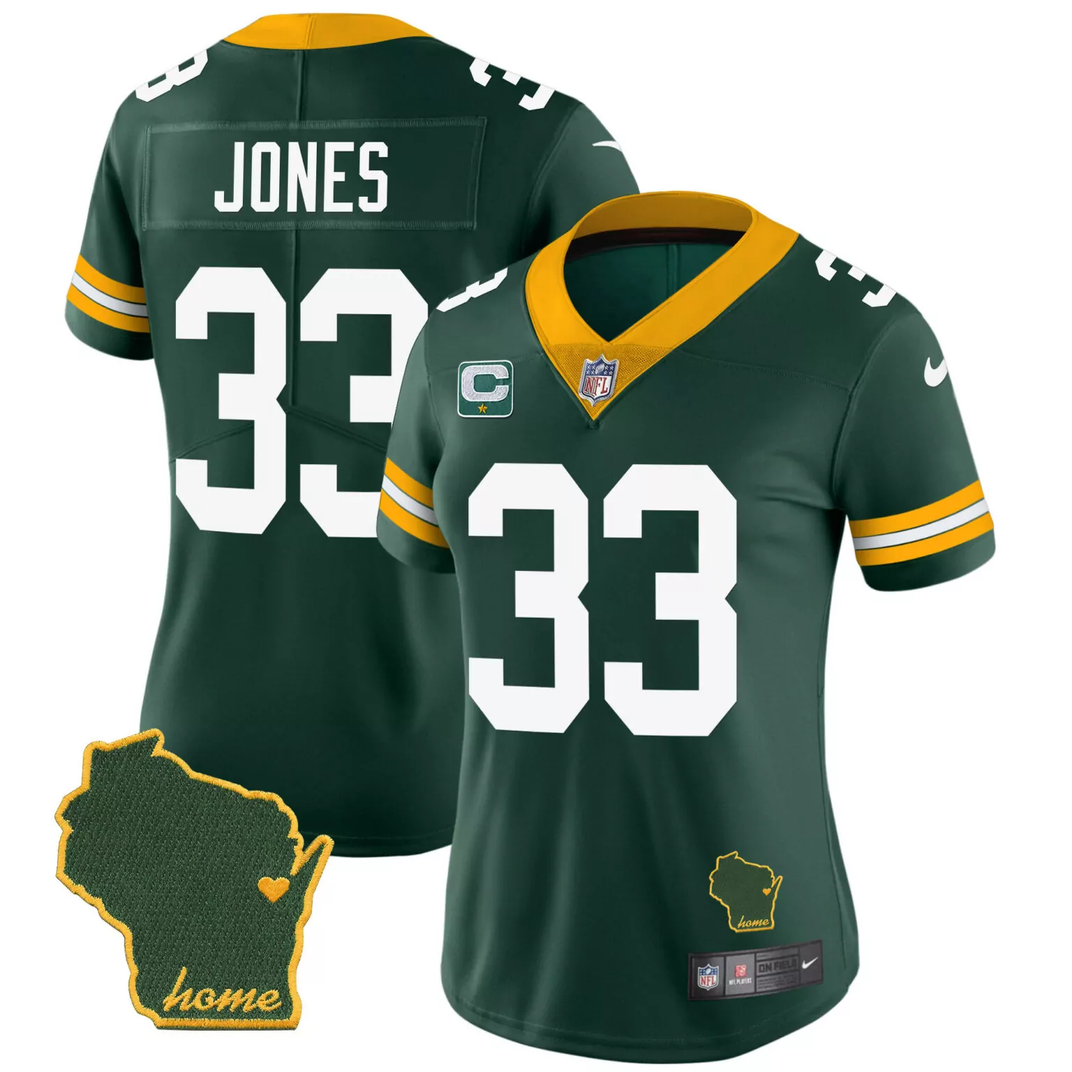 Aaron Jones 33 Green Bay Packers Jersey Captain's Women Replica Gold White Home All