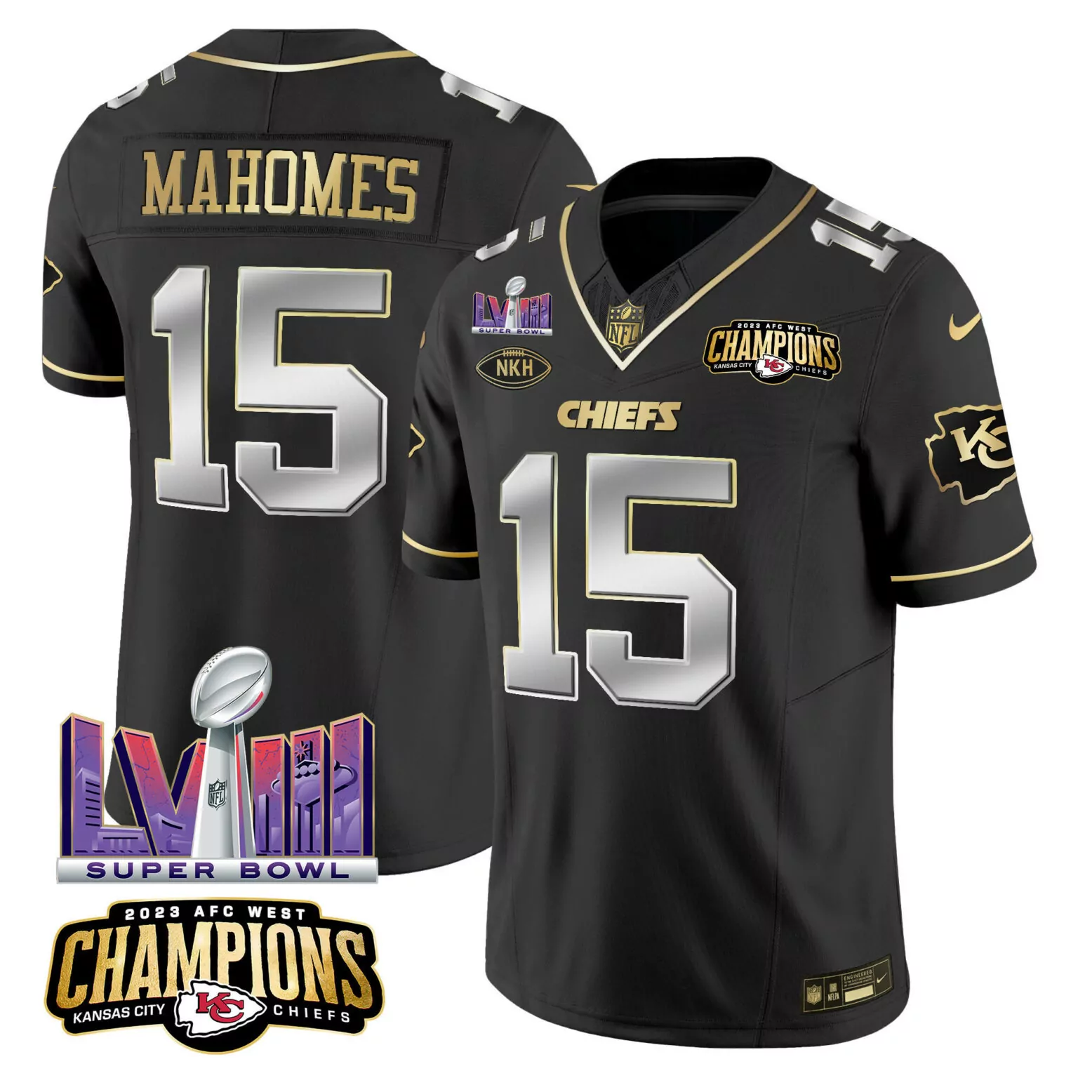 Patrick Mahomes 15 Jersey Black Super Bowl Lvii Champions Kansas City Chiefs 2023 AFC West