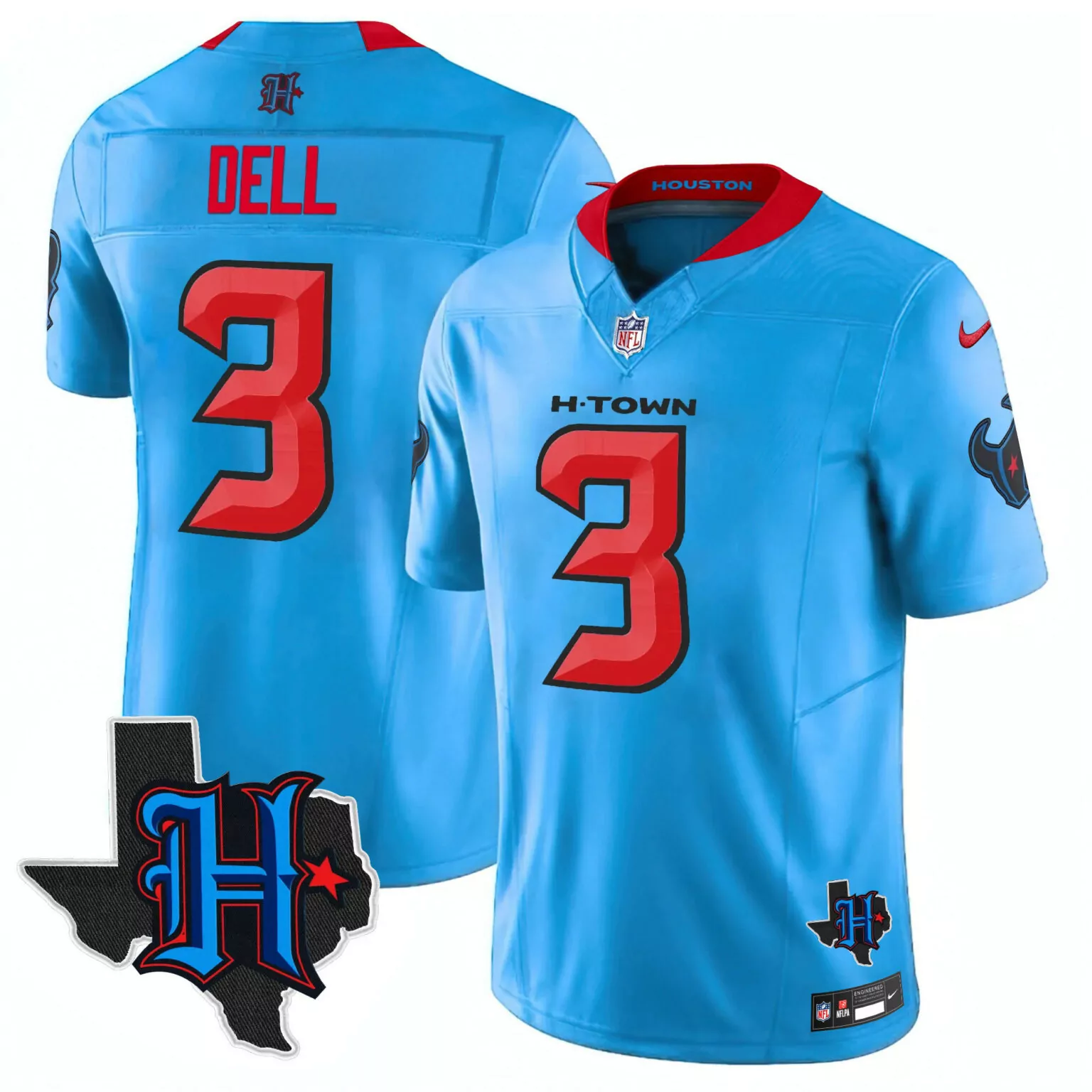 Tank Dell 3 Houston Texans Jersey Light Blue Texas Outline Men Alternate Red Black