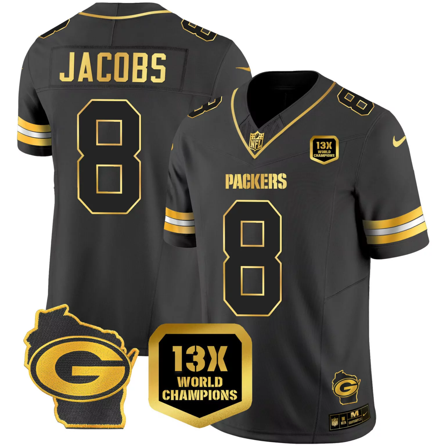 Josh Jacobs 8 Packers Jersey Black 13X World Champions Wisconsin Outline Men Authentic
