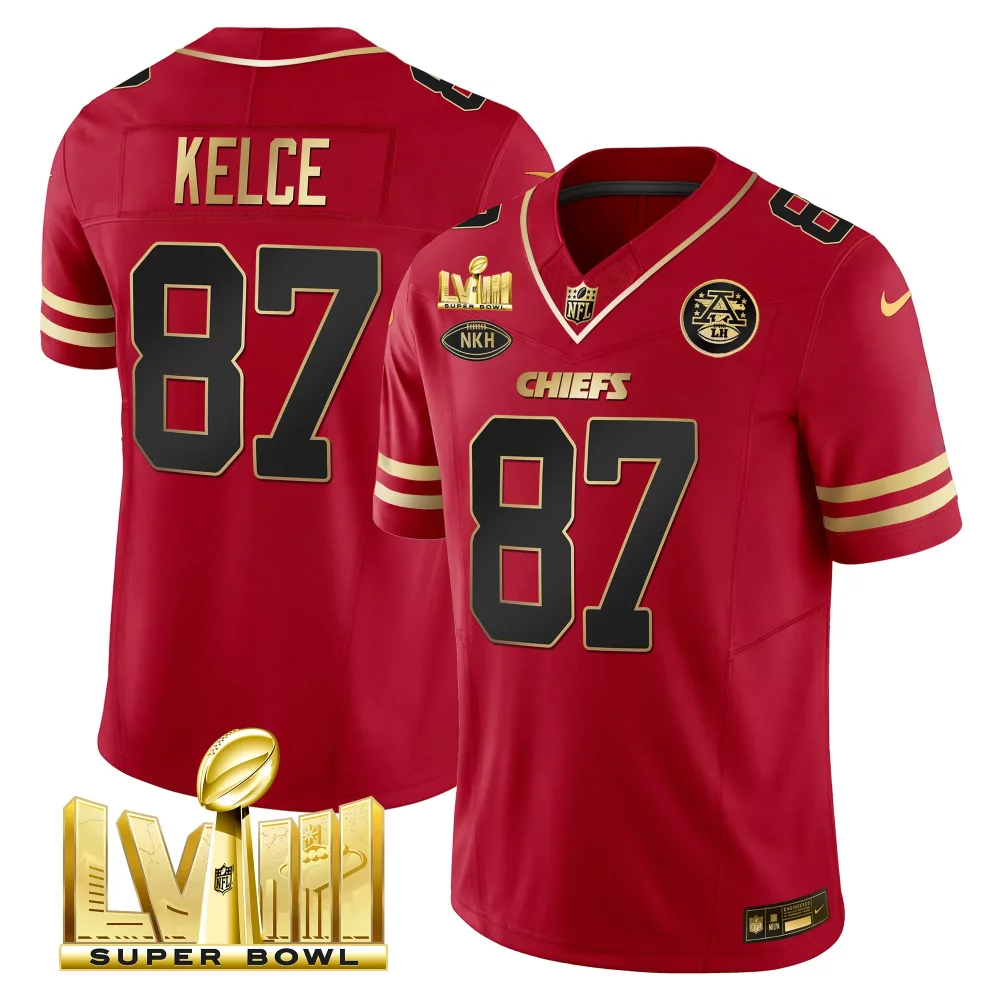 Kelce 87 Chiefs Jersey Red Super Bowl Lviii Men Player Gold Black Vapor v2 All Stitched