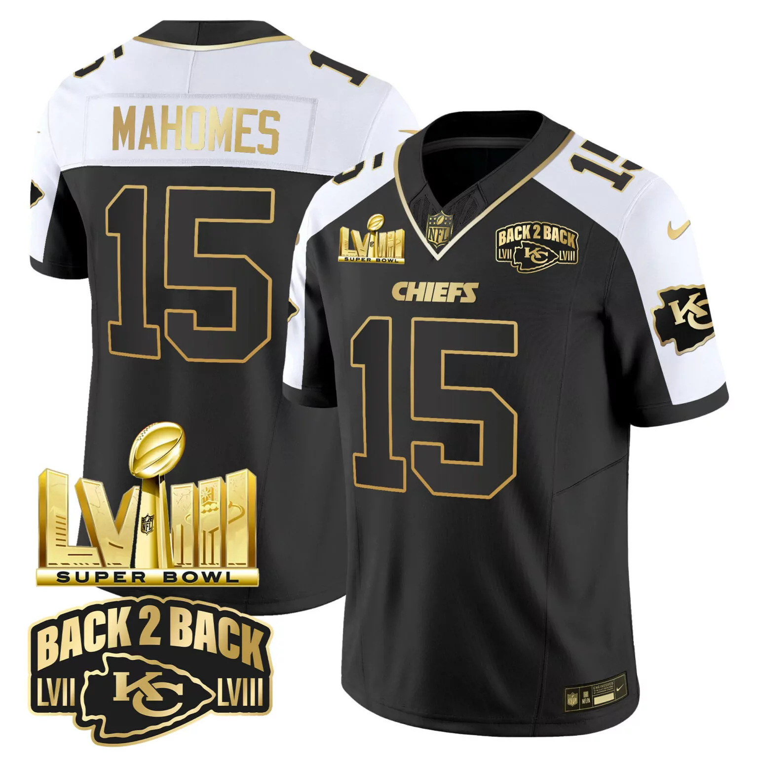 Patrick Mahomes 15 Jersey Black Super Bowl Lviii Kansas City Chiefs Champions Lvii