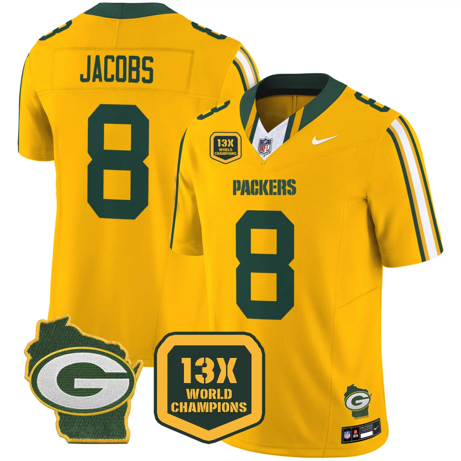 Josh Jacobs 8 Packers Jersey Yellow 13X World Champions Wisconsin State Outline 2023