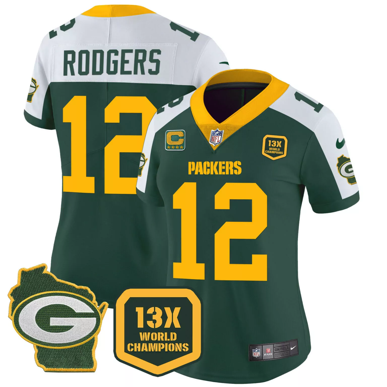 Aaron Rodgers 12 Packers Jersey Green Bay 13X World Champions Men Game Yellow White