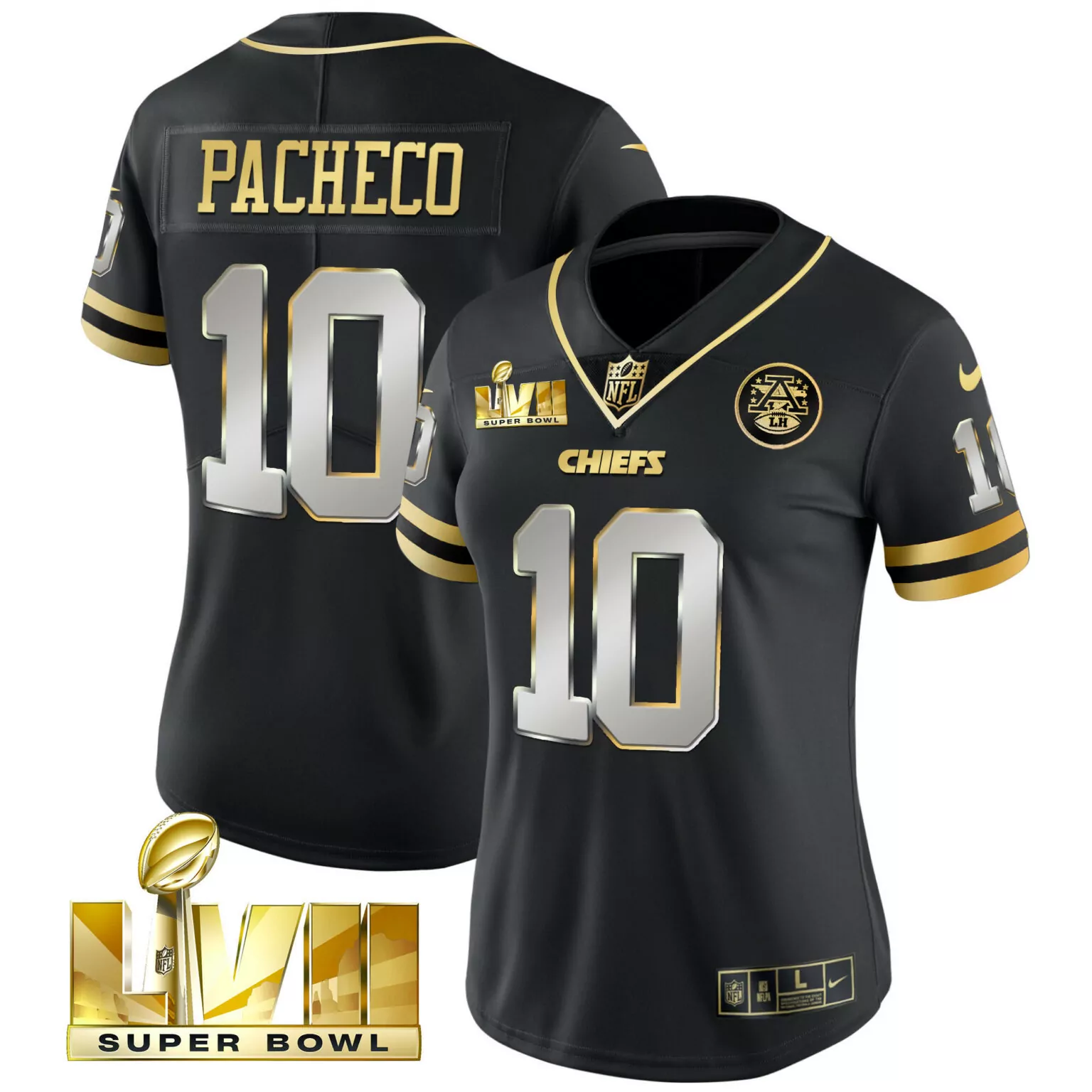 Isiah Pacheco 10 Chiefs Jersey Black Super Bowl Lviii Men Gold Silver Throwback All