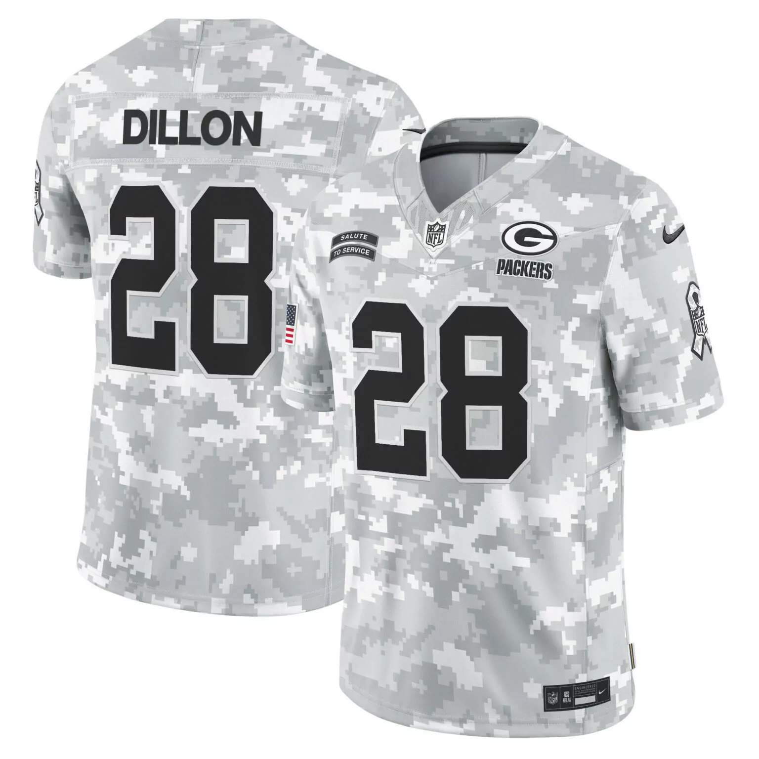 Aj Dillon 28 Packers Jersey White Salute To Service American Flag Pink Ribbon Men