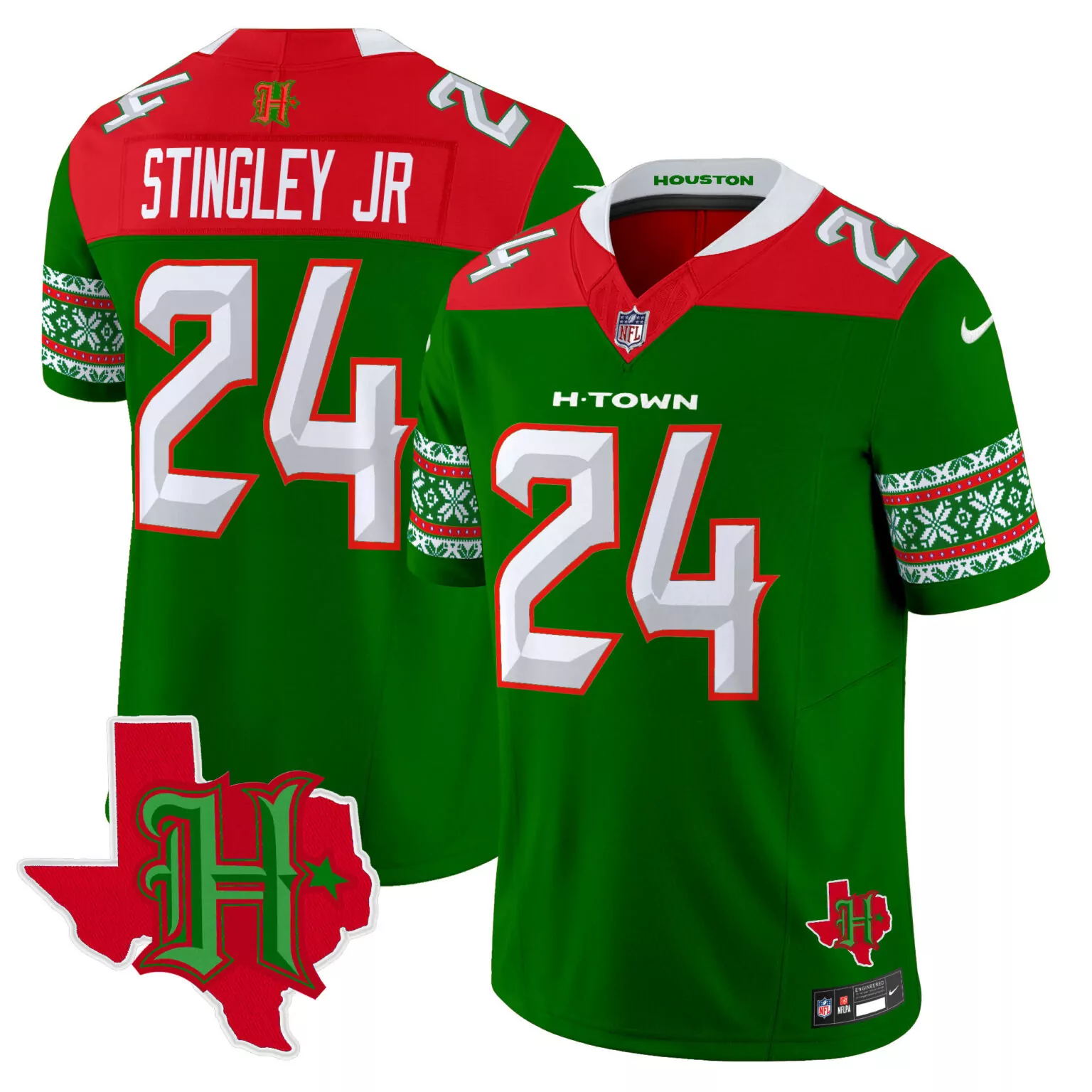 Derek Stingley Jr. 24 Jersey Green Holiday Houston Texans Nflpa Men Standard Alternate
