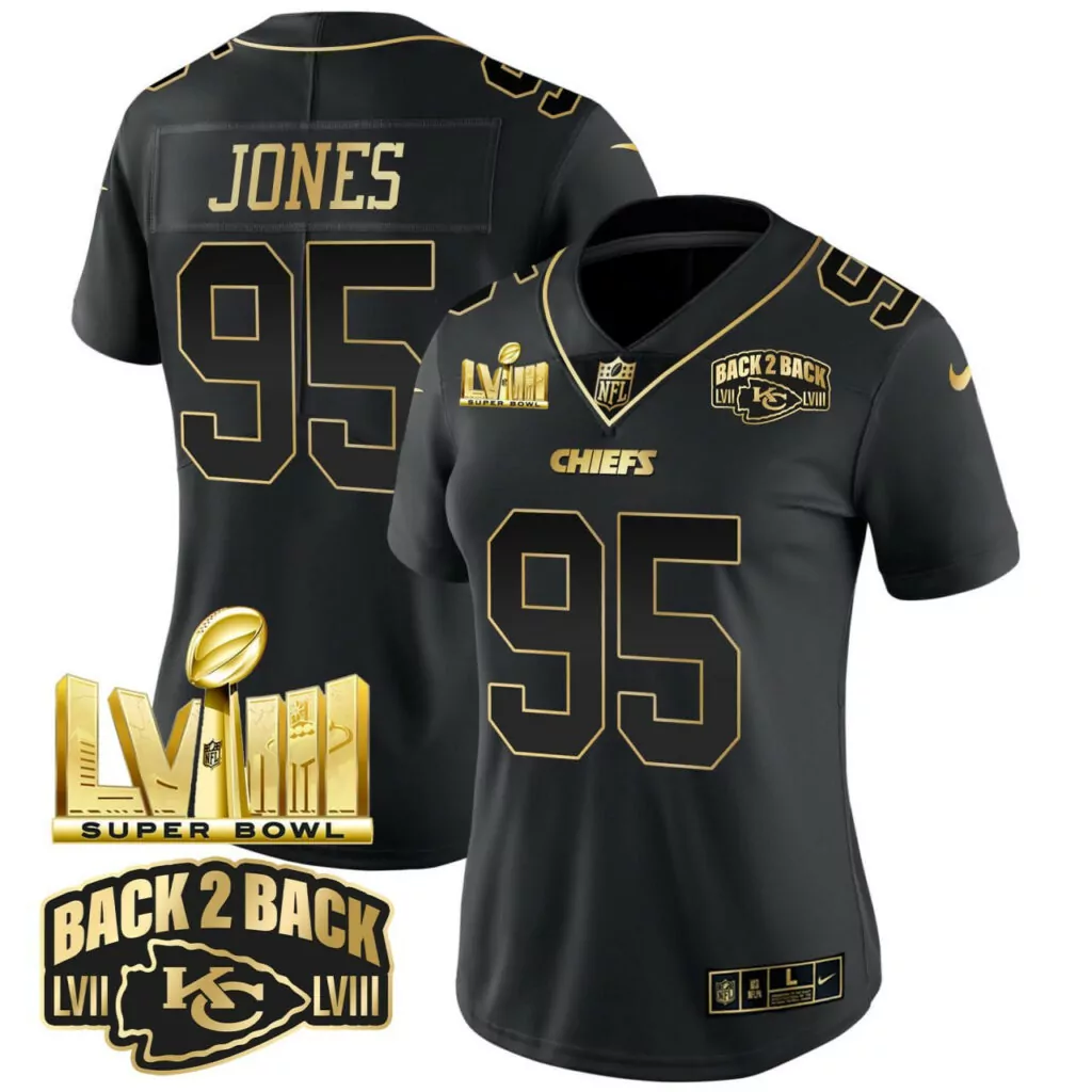 Jones 95 Chiefs Jersey Black Back 2 Super Bowl Lvii Lviii Men Gold v2 All Stitched