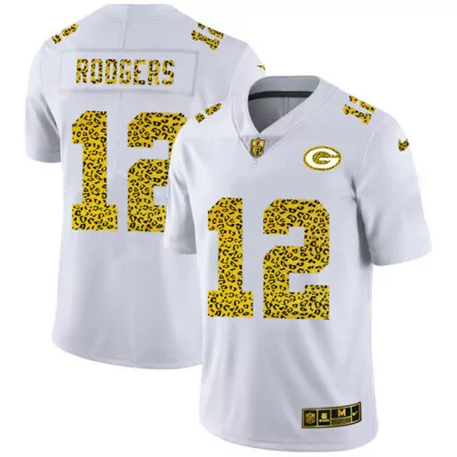 Aaron Rodgers 12 Jersey White Leopard Print Green Bay Packers Men Alternate Custom Design