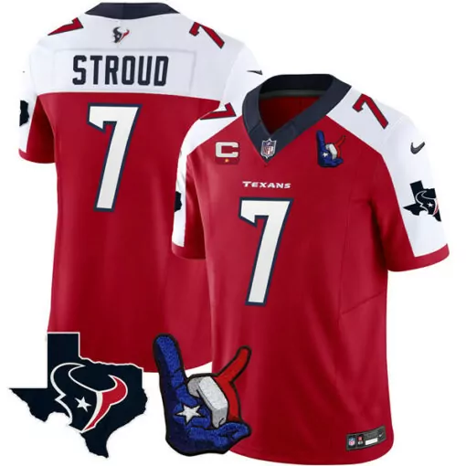 C.j. Stroud 7 Texans Jersey Red Hook 'em Horns Houston State Outline 2023 Men Alternate