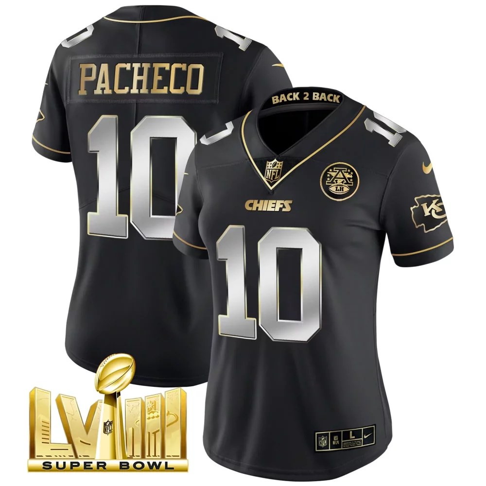 Isiah Pacheco 10 Chiefs Jersey Black Super Bowl Lviii Women Player Gold Silver Limited