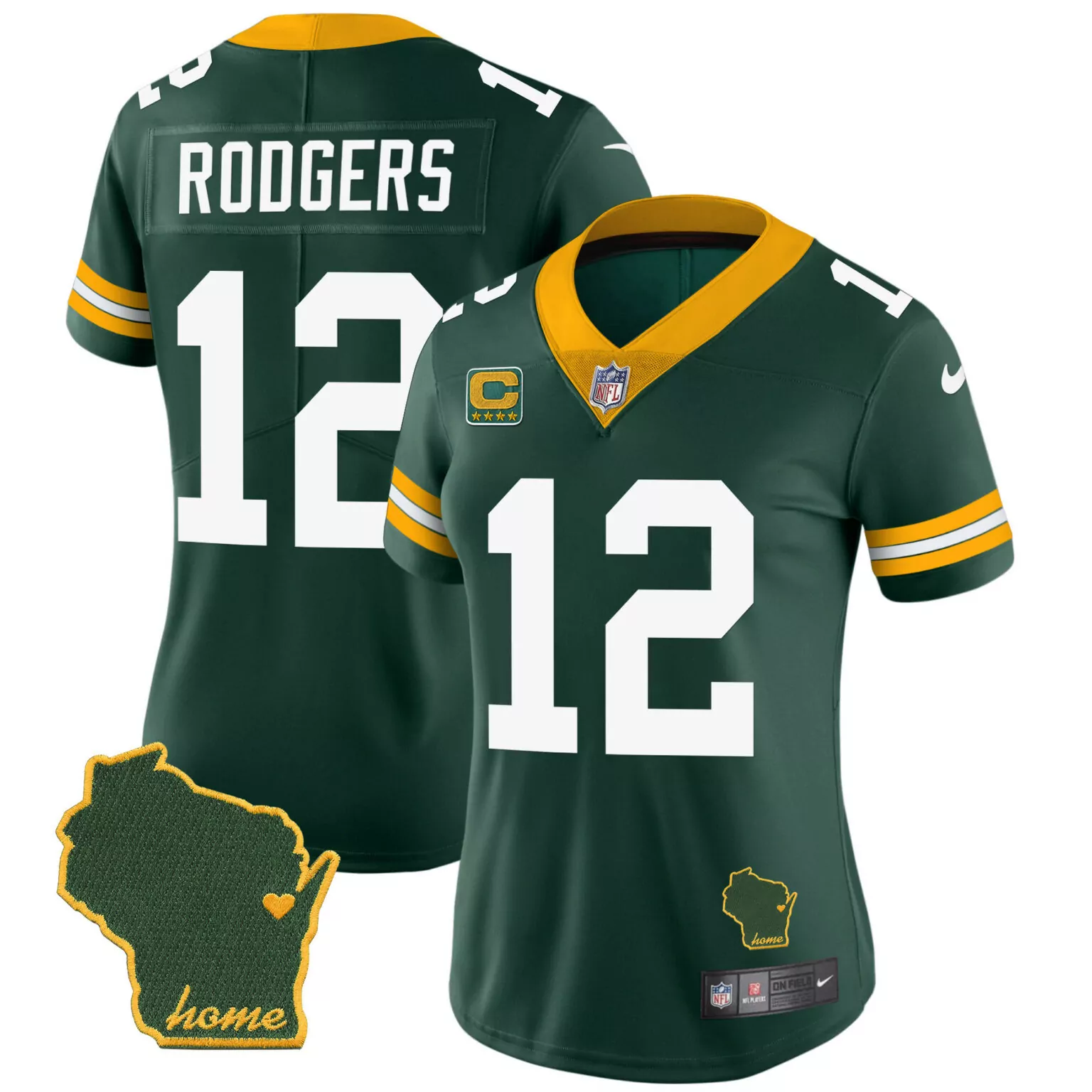 Aaron Rodgers 12 Jersey Green Home Bay Packers Wisconsin State Shape Heart Captain's