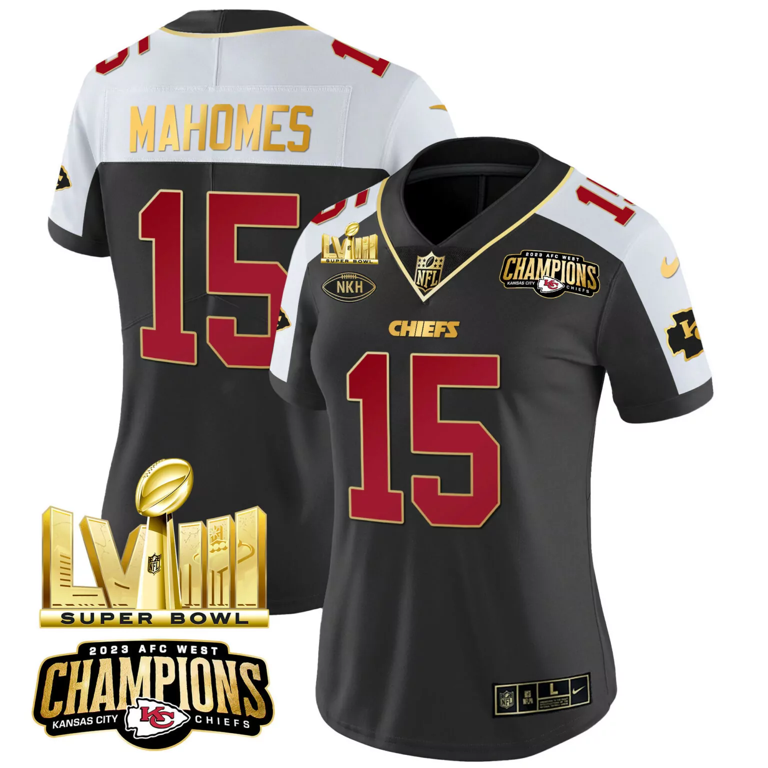 Patrick Mahomes 15 Jersey Black Super Bowl Lvii Champions Kansas City Chiefs 2023 AFC West