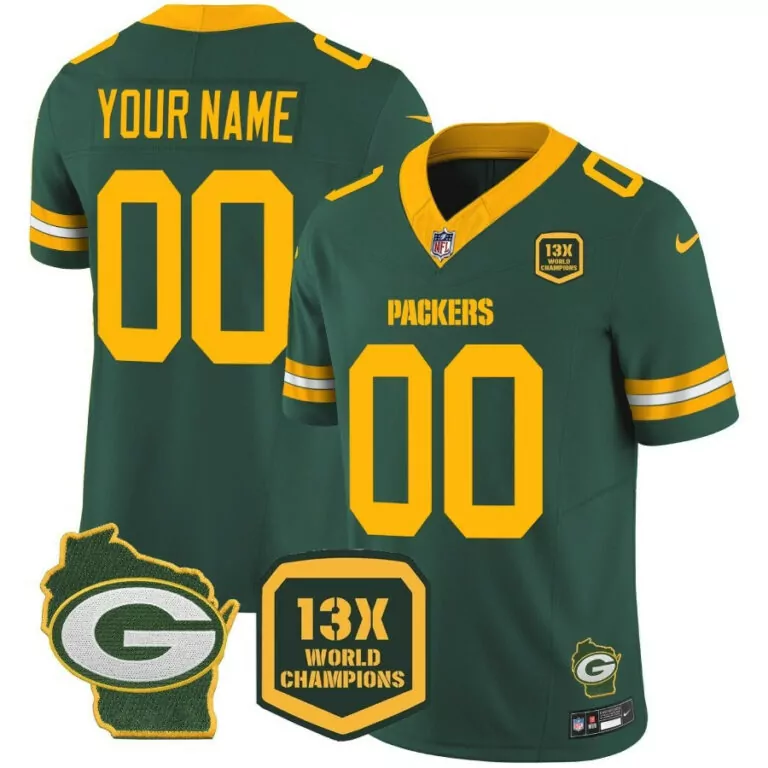 Custom Packers Jersey Green Wisconsin Outline 'g' 13x World Champions Badge Men Gold