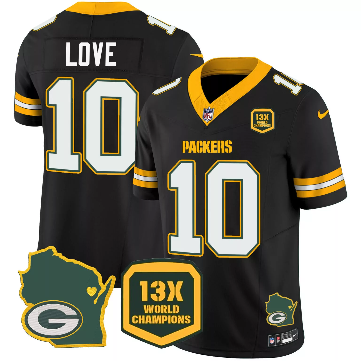 Love 10 Packers Jersey Black 13X World Champions Wisconsin Shape Men Standard Yellow