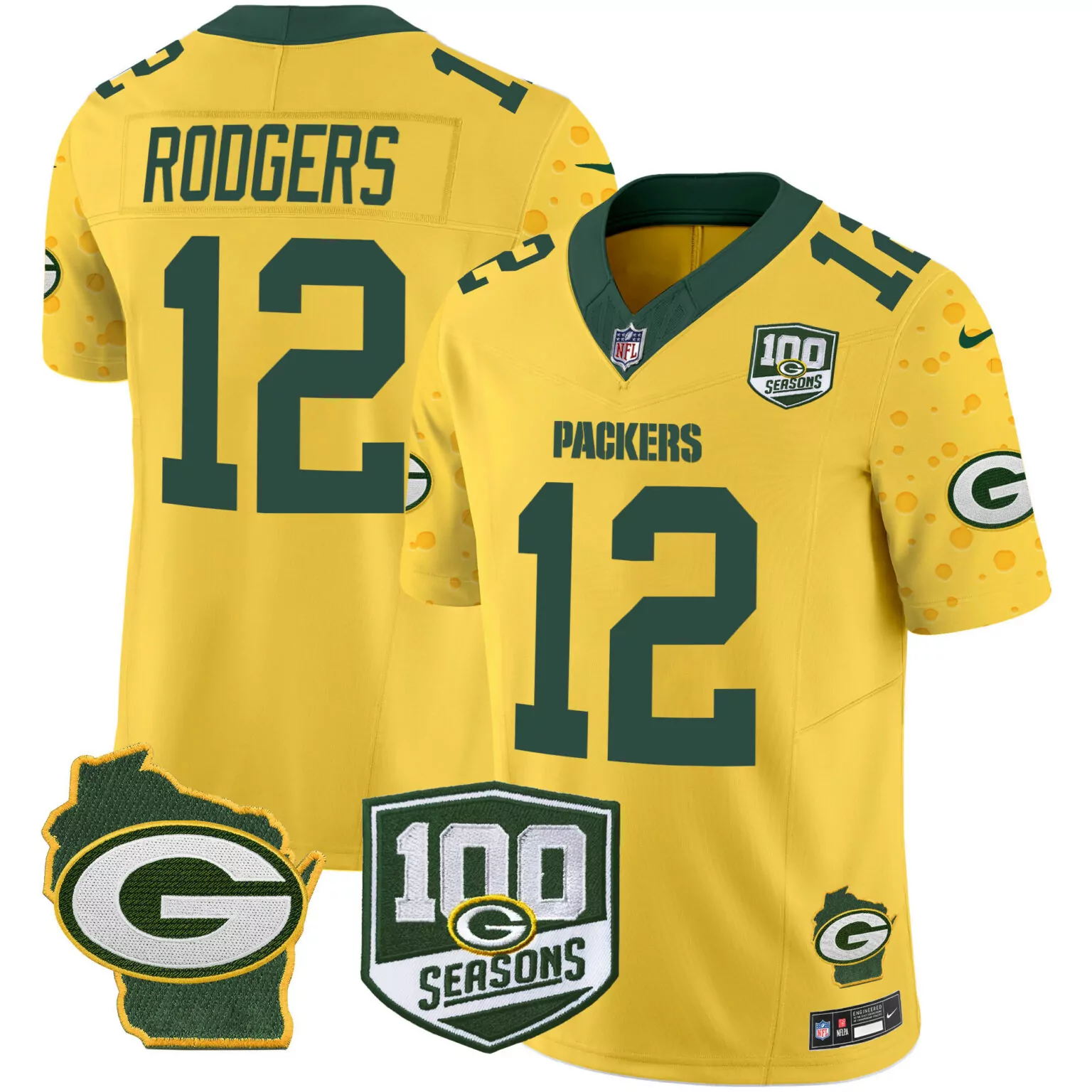 Aaron Rodgers 12 Packers Jersey Gold 100th Season 100 Seasons Wisconsin Outline 2019