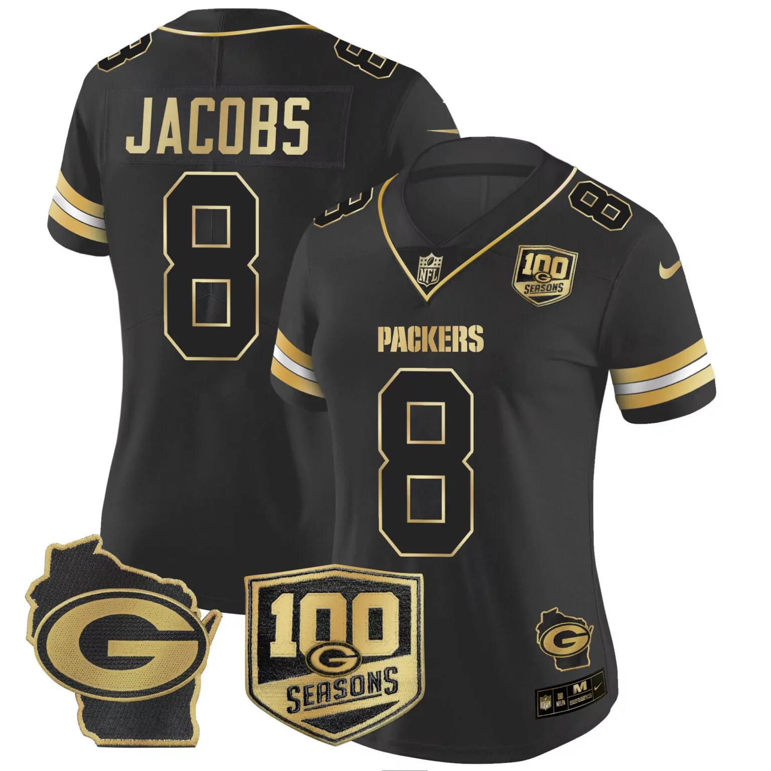 Josh Jacobs 8 Packers Jersey Black 100th Season 100 Seasons Wisconsin Men NFL Gold