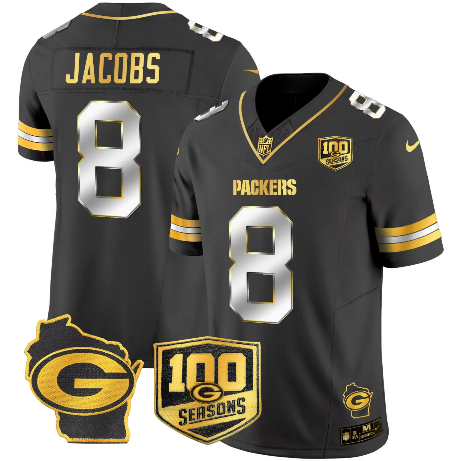 Josh Jacobs 8 Packers Jersey Black 100 Seasons Wisconsin Outline Men Replica Gold