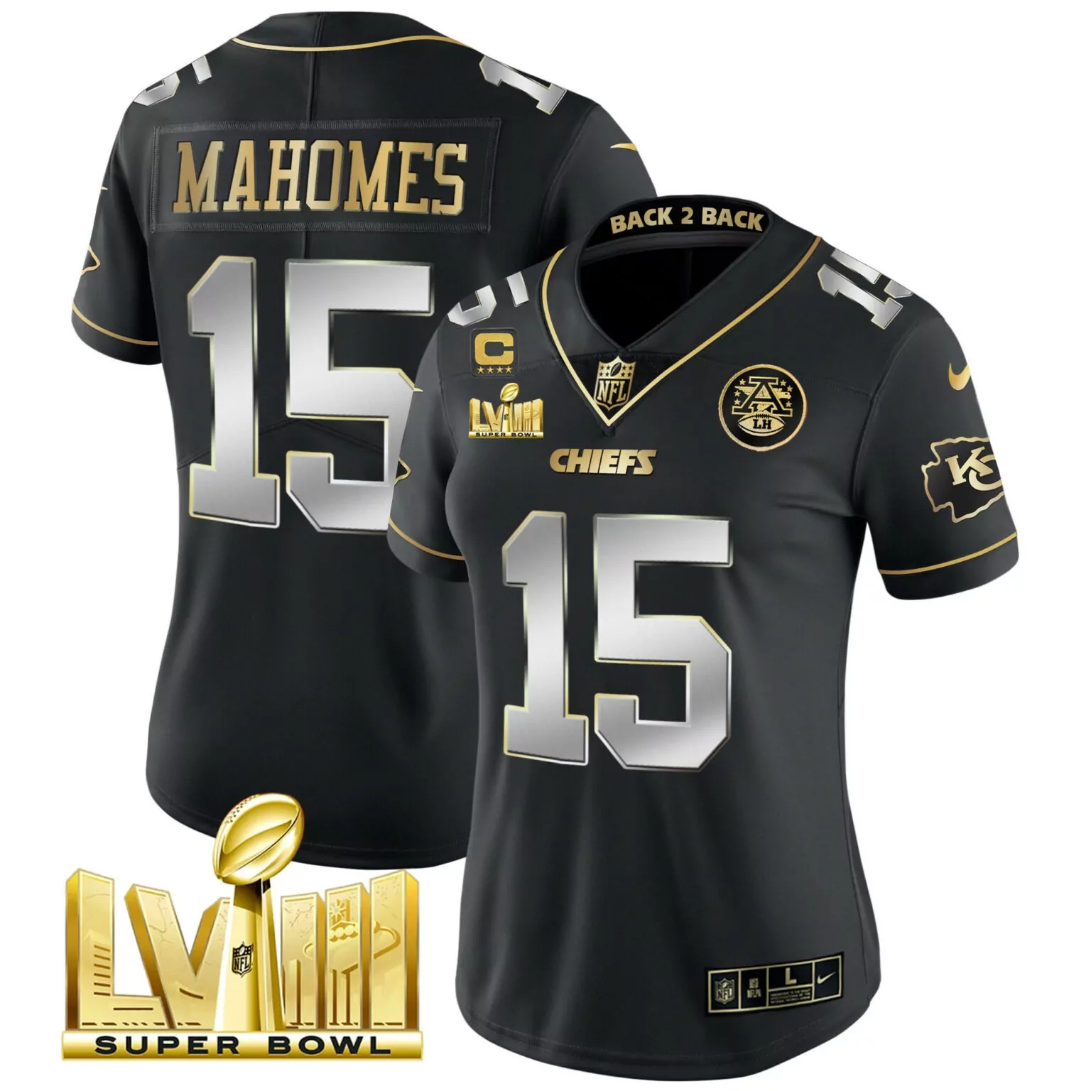 Patrick Mahomes 15 Chiefs Jersey Black Super Bowl Lviii Champions Men Player Gold