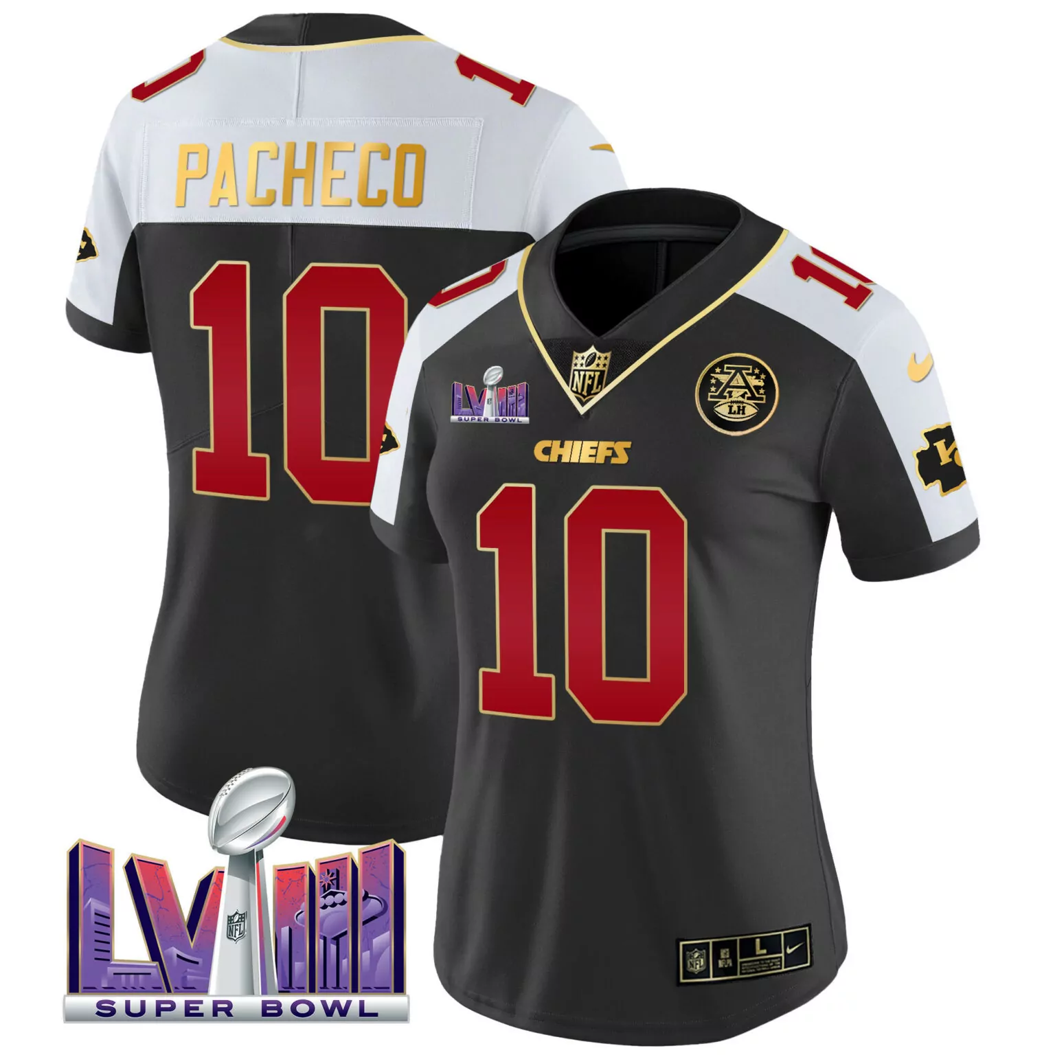 Isiah Pacheco 10 Chiefs Jersey Black Super Bowl Lviii 2023 Men NFL Alternate Split Design