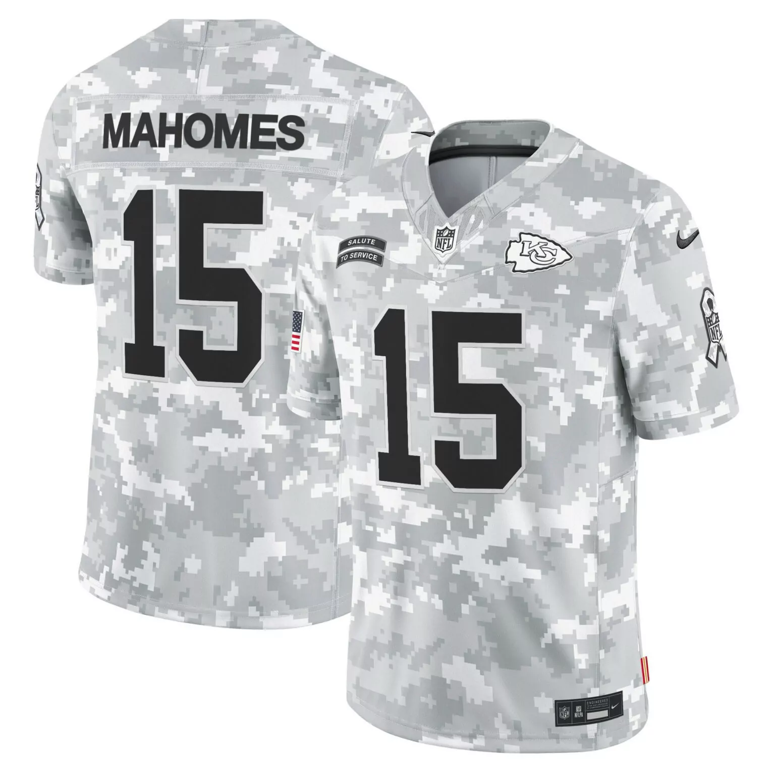 Patrick Mahomes 15 Jersey Grey Salute To Service Kansas City Chiefs American Flag Pink Ribbon