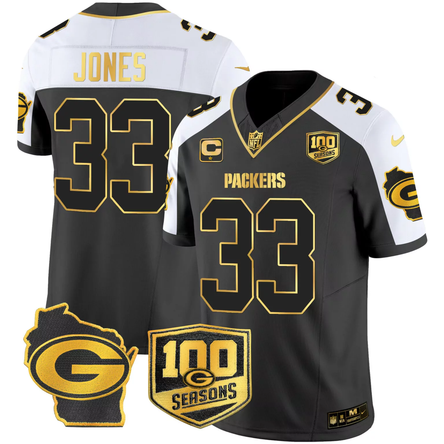 Aaron Jones 33 Packers Jersey Black 100th Season 100 Seasons Wisconsin Shape Men