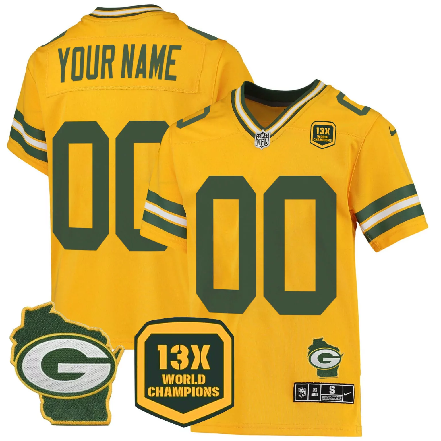 Custom Green Bay Packers Jersey Yellow 13X World Champions Wisconsin State Outline Badge