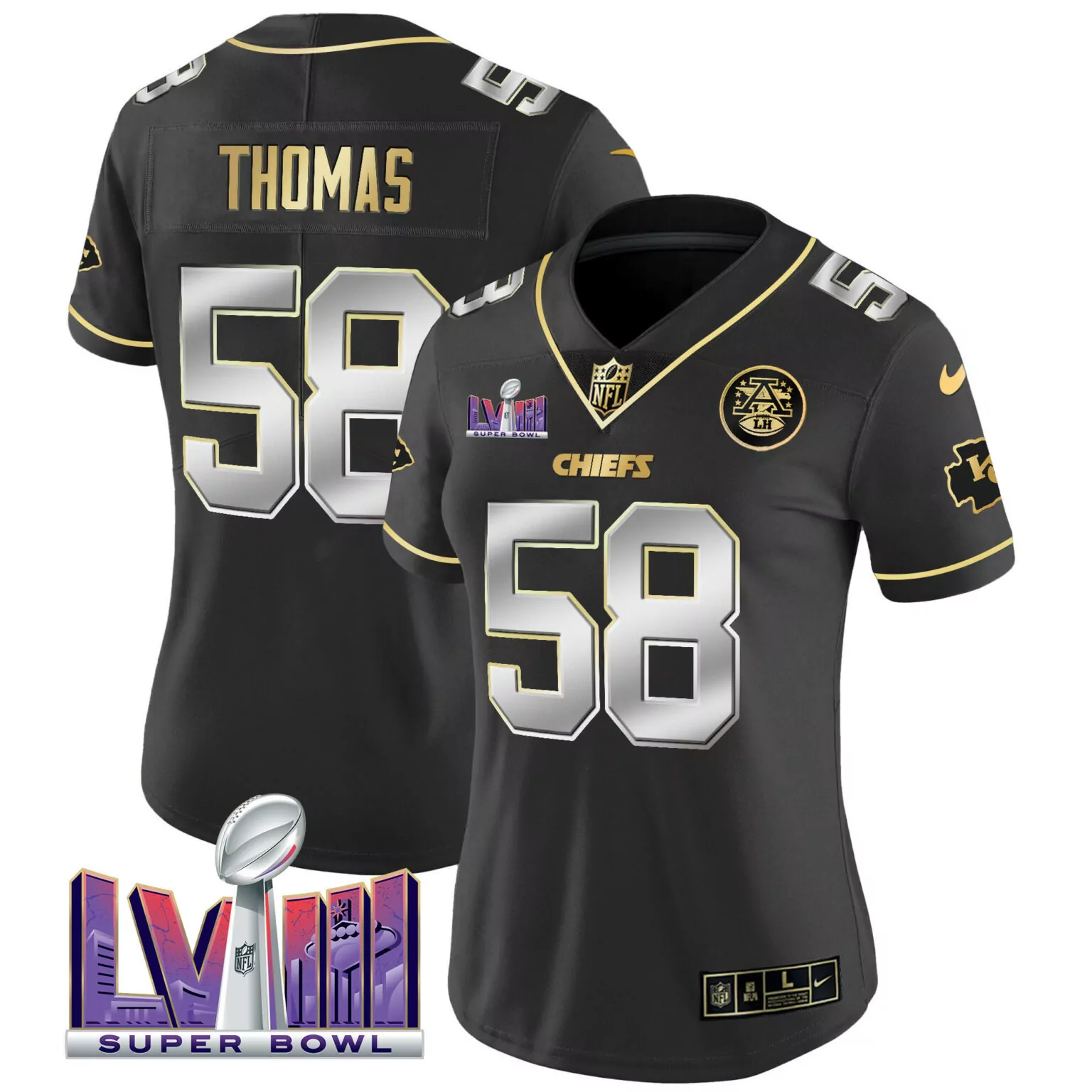 Derrick Thomas 58 Chiefs Jersey Black Super Bowl Lviii Men Official Gold Silver v4