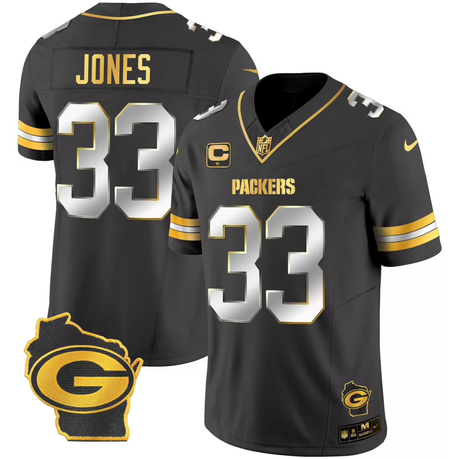 Aaron Jones 33 Packers Jersey Black Wisconsin State Outline Men Replica Gold Silver