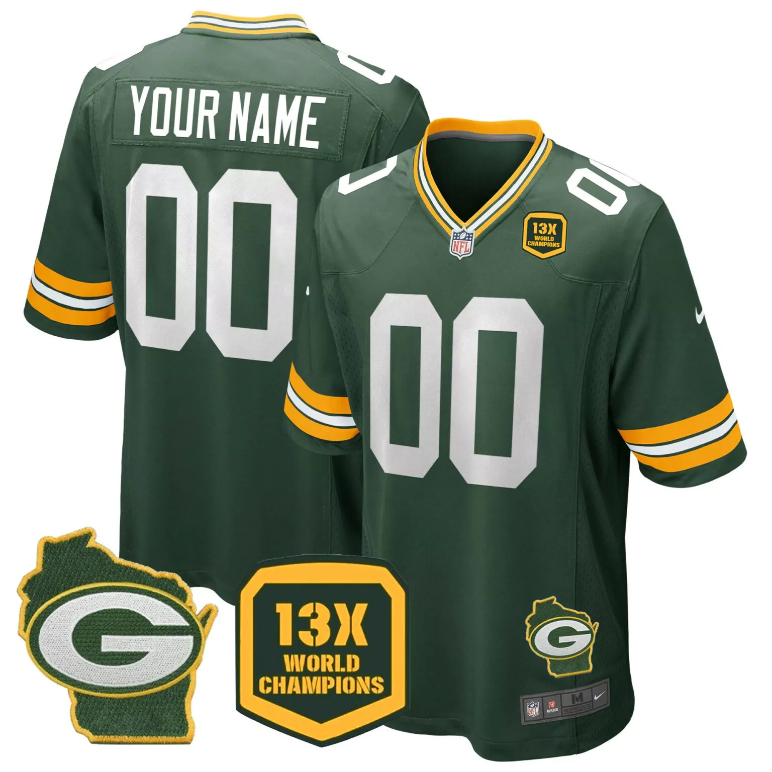 Custom Green Bay Packers Jersey 13X World Champions Wisconsin State Outline Men Yellow