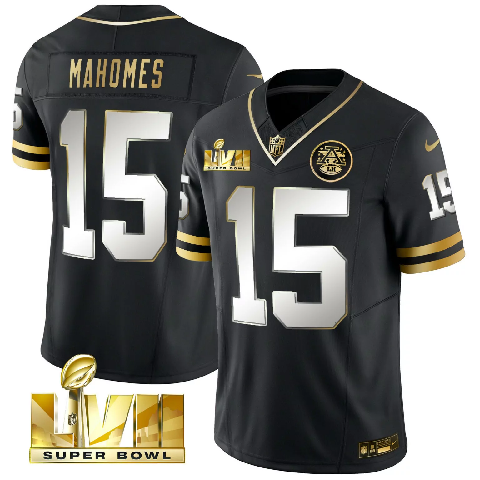 Patrick Mahomes 15 Jersey Black Super Bowl Lvii Kansas City Chiefs 2023 Men Replica