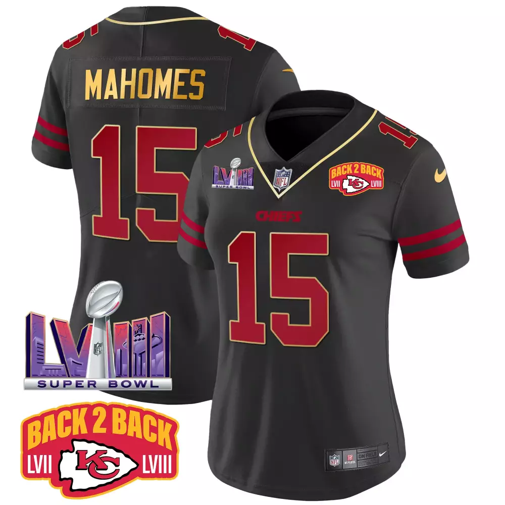 Patrick Mahomes 15 Chiefs Jersey Black Super Bowl Lviii Champions 2023 Men Replica