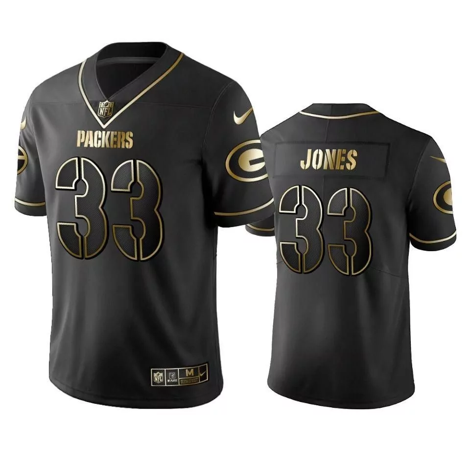 Aaron Jones 33 Packers Jersey Black Men Gold Vapor Limited