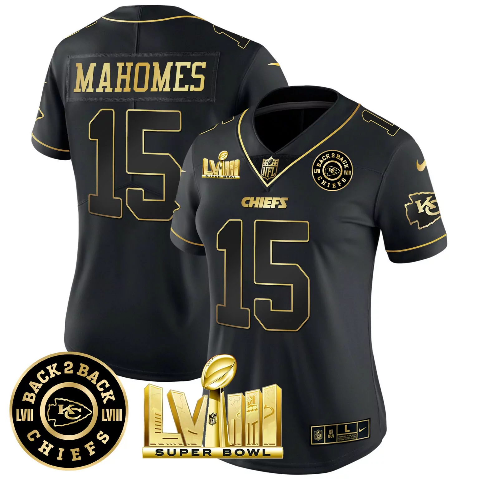 Patrick Mahomes 15 Chiefs Jersey Black Back 2 Super Bowl Lvii Lviii Men Player Gold